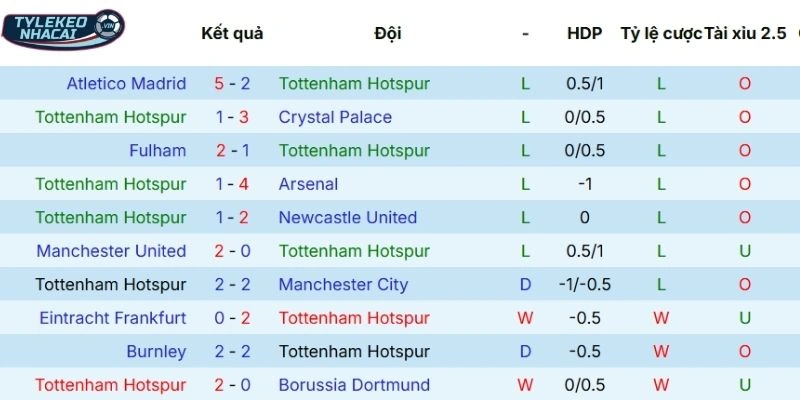 Hiệu suất thi đấu của Tottenham